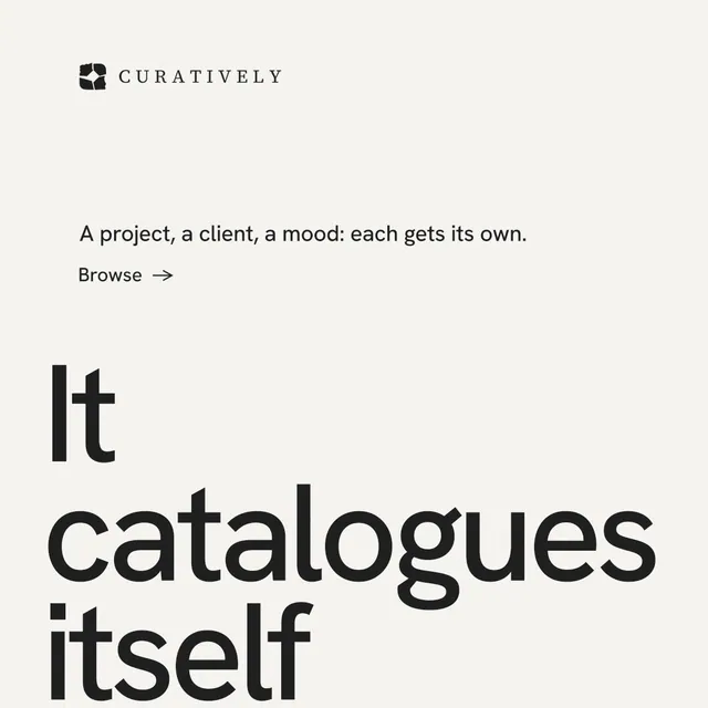 Instagram post for Curatively: "Saved, sorted and yours." Minimal luxury style, oversized layout, light palette in white, grey.