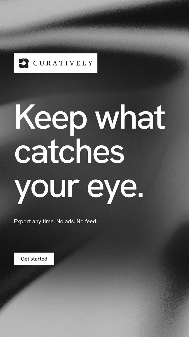 Instagram story for Curatively: "Keep what catches your eye." Swiss style, announce layout, dark palette in black, grey.