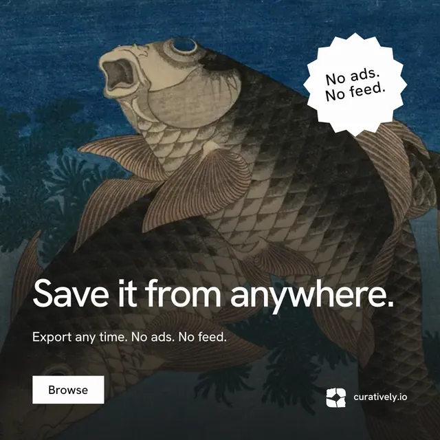 Instagram post for Curatively: "Save it from anywhere." Swiss style, sticker layout, dark palette in blue, black, grey.