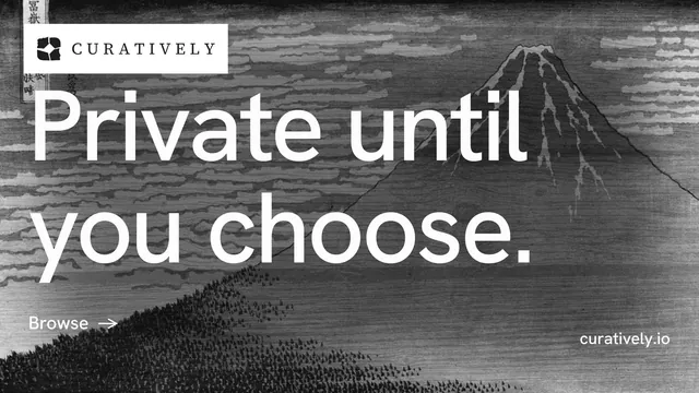 Landscape graphic for Curatively: "Private until you choose." Minimal luxury style, poster layout, dark palette in grey, black.