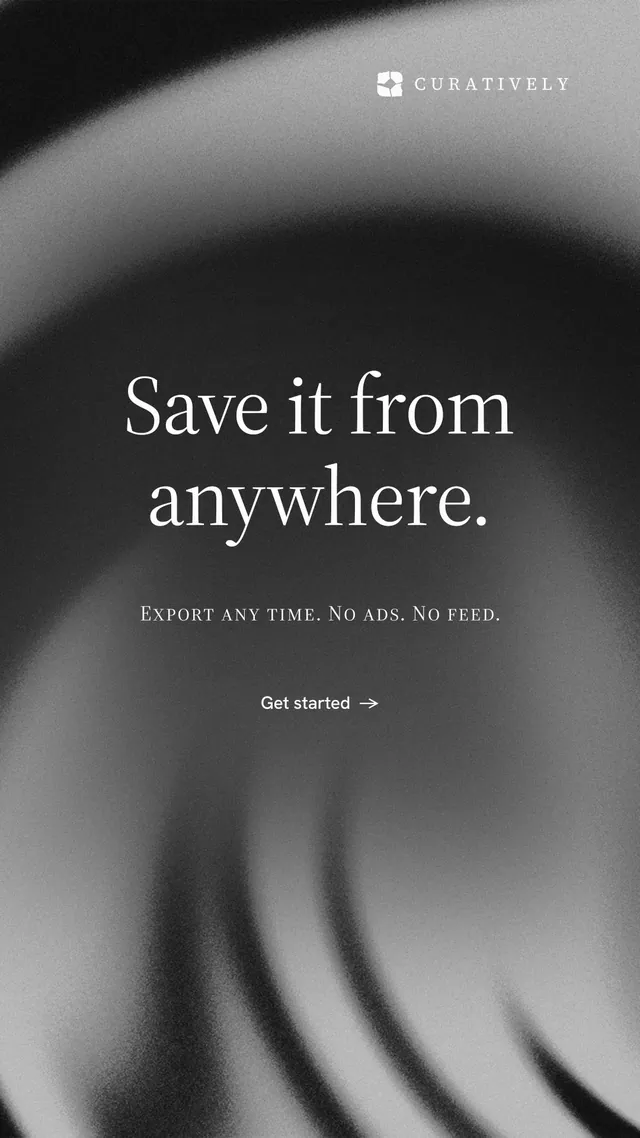 Instagram story for Curatively: "Save it from anywhere." Minimal luxury style, smallcaps layout, dark palette in black, grey.