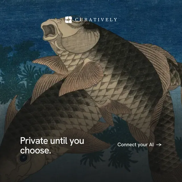 Instagram post for Curatively: "Private until you choose." Minimal luxury style, image led layout, dark palette in black, blue, grey.