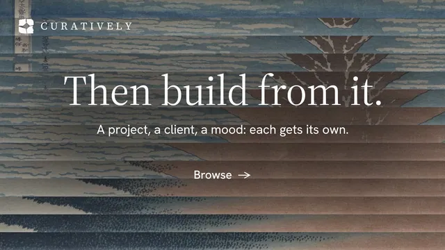 Landscape graphic for Curatively: "Then build from it." Minimal luxury style, centred layout, dark palette in grey, black.