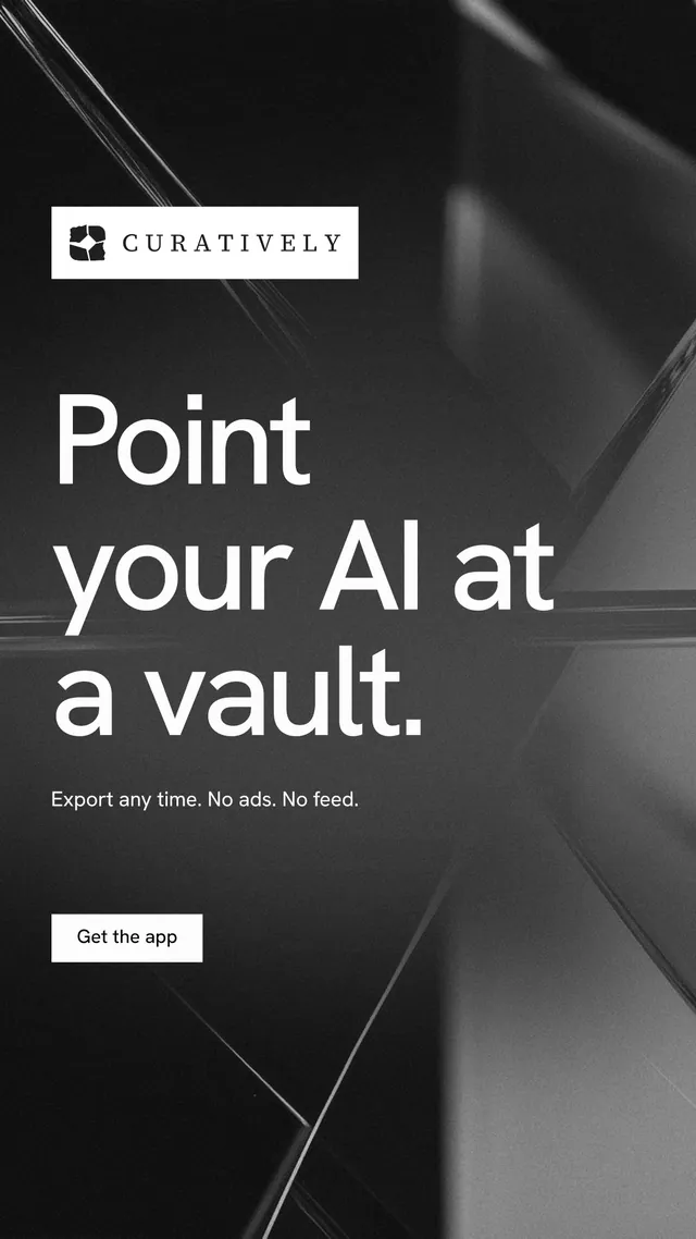 Instagram story for Curatively: "Point your AI at a vault." Swiss style, announce layout, dark palette in grey, black.