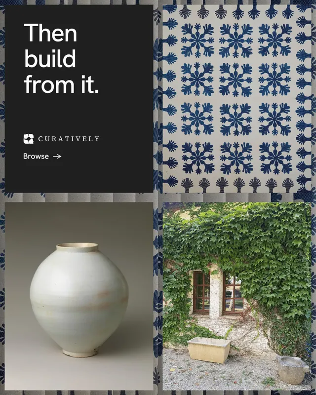 Instagram portrait post for Curatively: "Then build from it." Minimal luxury style, collage layout, dark palette in grey, black.