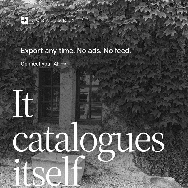 Instagram post for Curatively: "Save it from anywhere." Minimal luxury style, oversized layout, dark palette in grey, black.