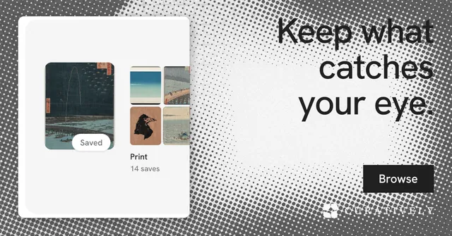 Social ad for Curatively: "Keep what catches your eye." Swiss style, right layout, light palette in white, grey.