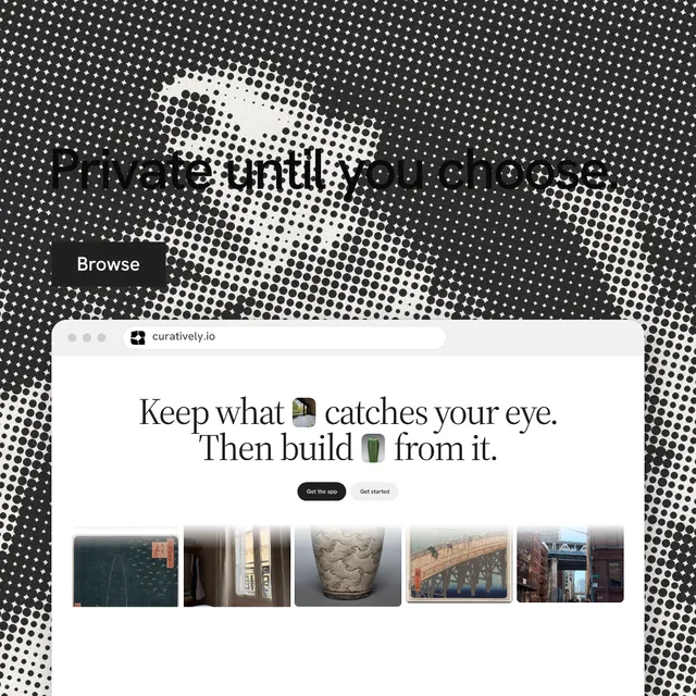 Instagram post for Curatively: "Private until you choose." Swiss style, browser layout, light palette in white, grey, black.