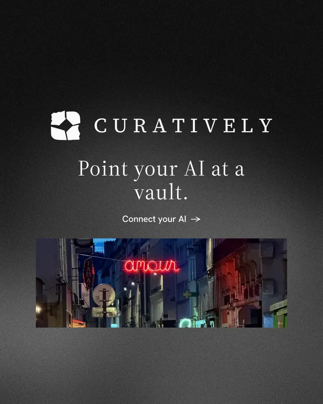 Instagram portrait post for Curatively: "Point your AI at a vault." Minimal luxury style, logo hero layout, dark palette in black, grey.
