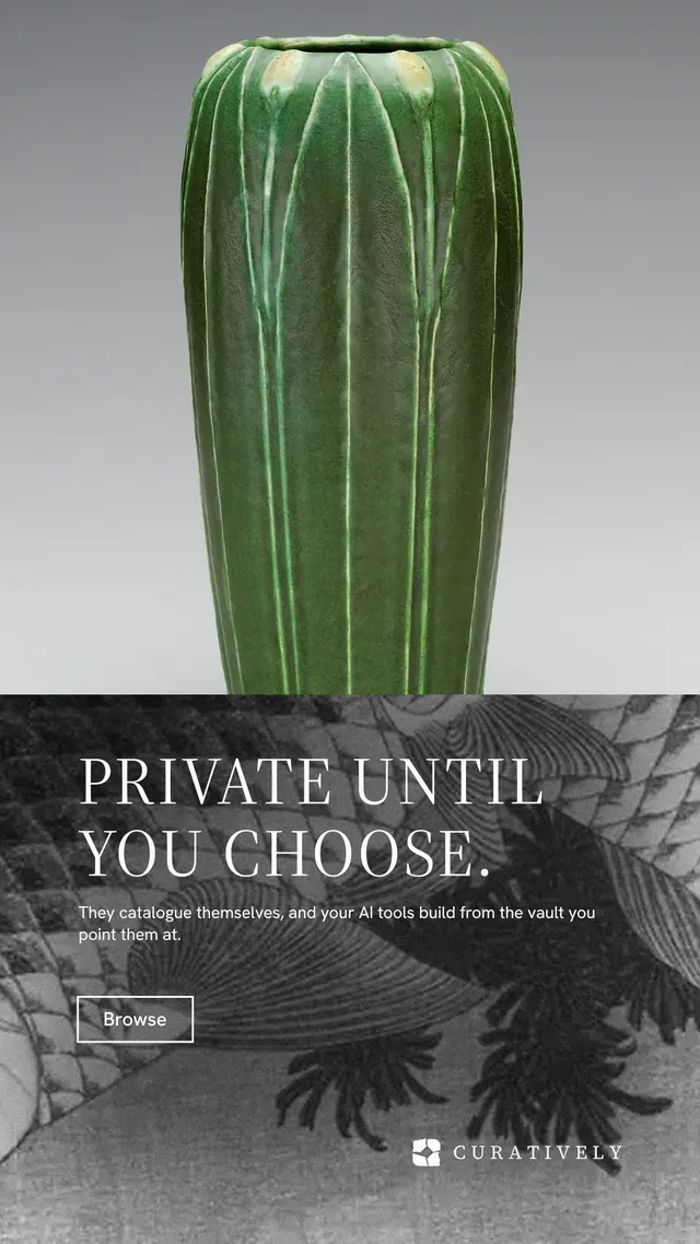 Instagram story for Curatively: "Private until you choose." Editorial style, bottom layout, light palette in grey, black, white.