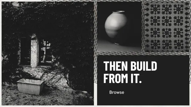 Landscape graphic for Curatively: "Then build from it." Retro print style, collage layout, dark palette in black, grey.