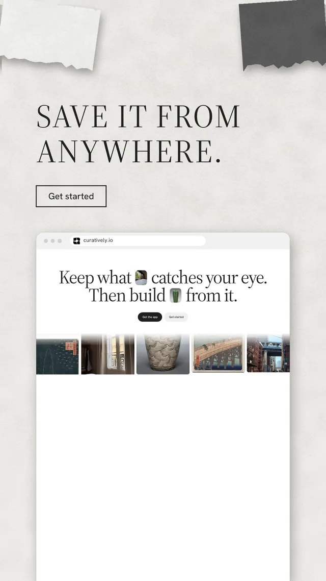 Instagram story for Curatively: "Save it from anywhere." Editorial style, browser layout, light palette in white, grey.