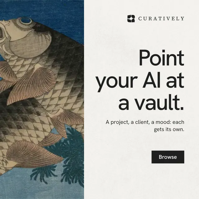 Instagram post for Curatively: "Point your AI at a vault." Swiss style, right layout, light palette in white, grey, black.