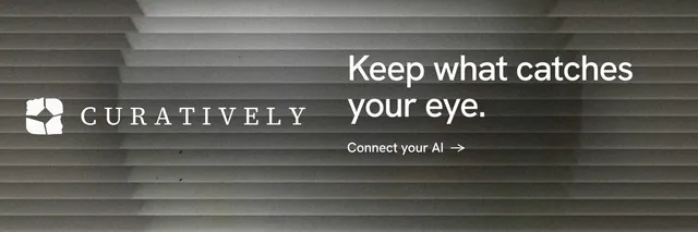 X header for Curatively: "Keep what catches your eye." Minimal luxury style, logo hero layout, dark palette in grey, black.