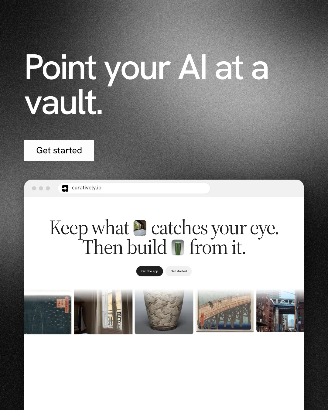 Instagram portrait post for Curatively: "Point your AI at a vault." Swiss style, browser layout, light palette in white, grey, black.