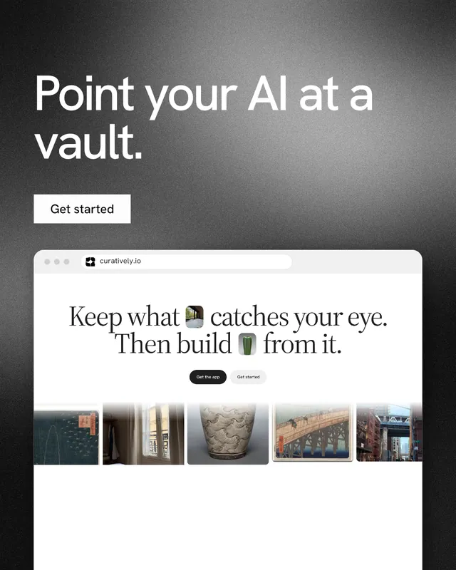 Instagram portrait post for Curatively: "Point your AI at a vault." Swiss style, browser layout, light palette in white, grey, black.