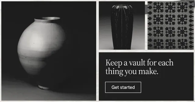 Social ad for Curatively: "Keep a vault for each thing you make." Editorial style, collage layout, dark palette in black, grey.