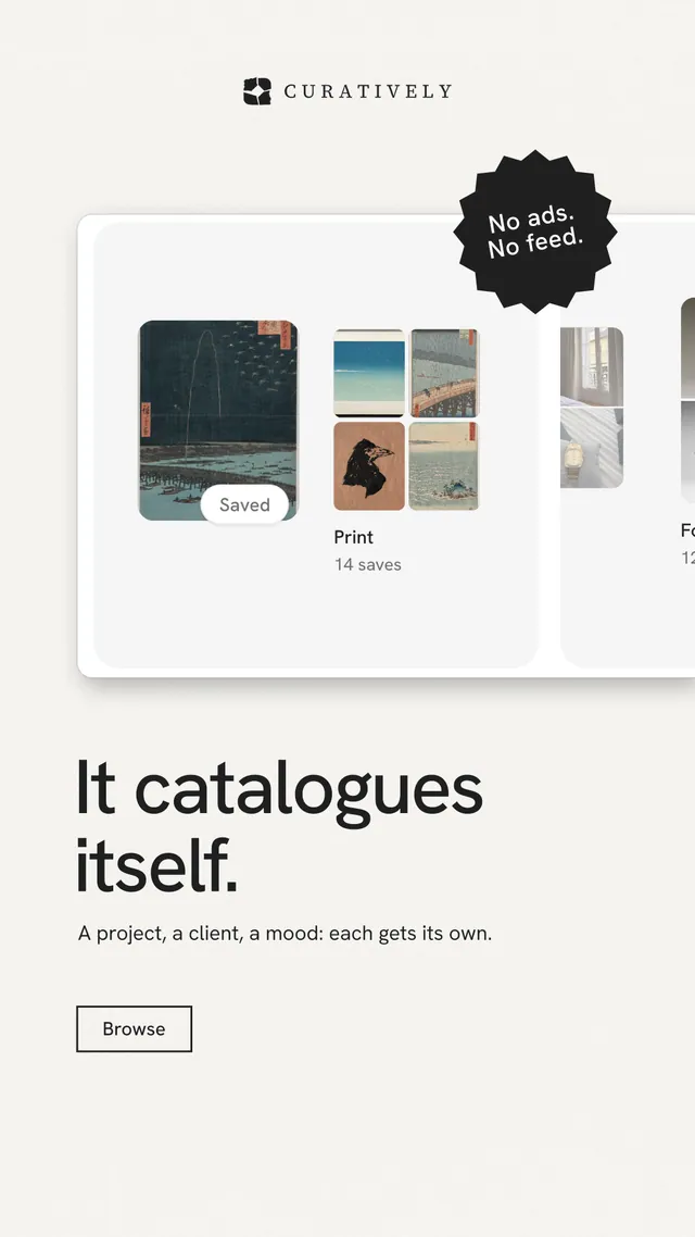 Instagram story for Curatively: "It catalogues itself." Editorial style, sticker layout, light palette in white, grey.
