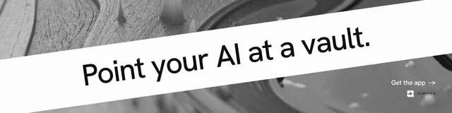 LinkedIn banner for Curatively: "Point your AI at a vault." Minimal luxury style, diagonal layout, light palette in white, grey.