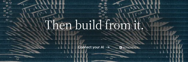 X header for Curatively: "Then build from it." Minimal luxury style, centred layout, dark palette in blue, black, grey.