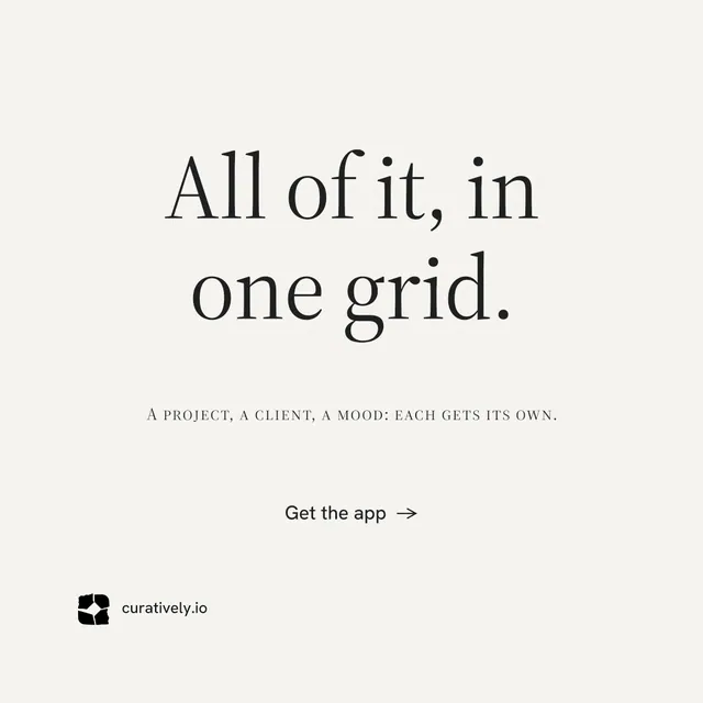 Instagram post for Curatively: "All of it, in one grid." Minimal luxury style, smallcaps layout, light palette in white.