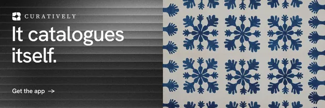 X header for Curatively: "It catalogues itself." Minimal luxury style, bottom layout, dark palette in black, grey.