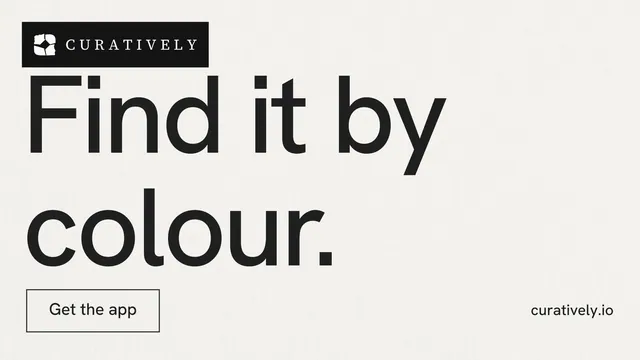 Landscape graphic for Curatively: "Find it by colour." Editorial style, poster layout, light palette in white, grey.