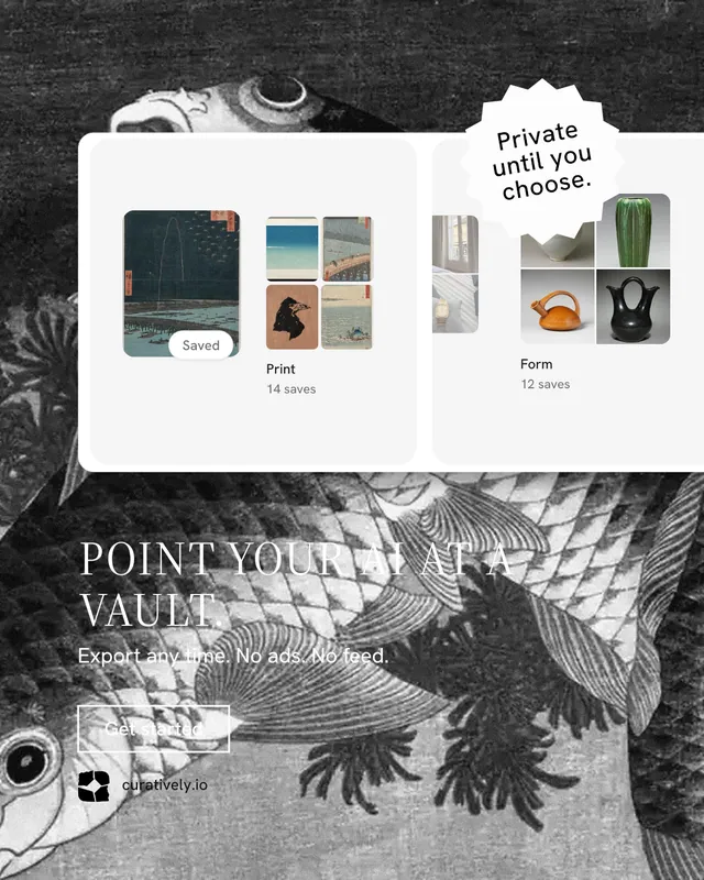 Instagram portrait post for Curatively: "Point your AI at a vault." Editorial style, sticker layout, light palette in black, grey, white.