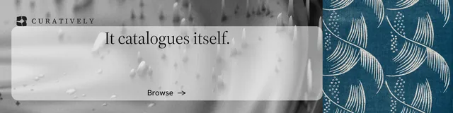 LinkedIn banner for Curatively: "It catalogues itself." Minimal luxury style, skeleton layout, light palette in blue, grey, white.