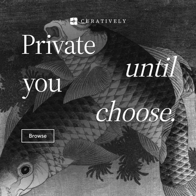 Instagram post for Curatively: "Private until you choose." Editorial style, stacked layout, dark palette in grey, black.