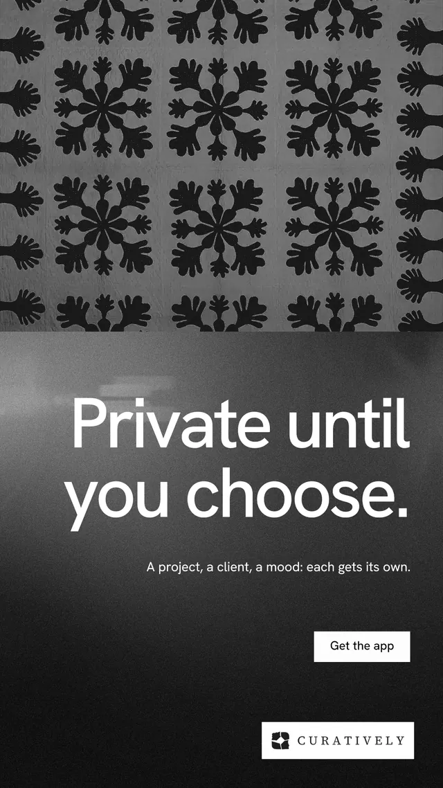 Instagram story for Curatively: "Private until you choose." Swiss style, right layout, dark palette in black, grey.