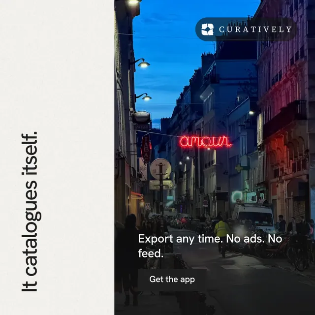 Instagram post for Curatively: "It catalogues itself." Swiss style, vertical layout, light palette in black, white, blue.