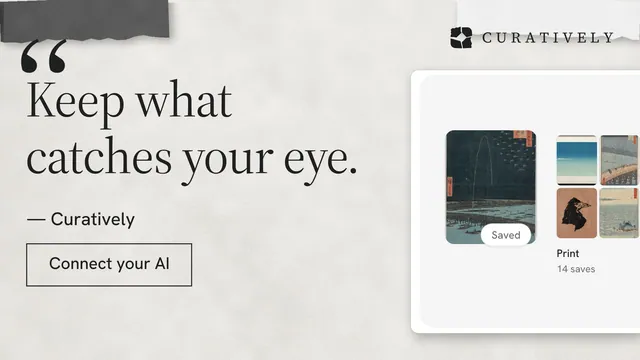 Landscape graphic for Curatively: "Save it from anywhere." Editorial style, quote layout, light palette in white, grey.