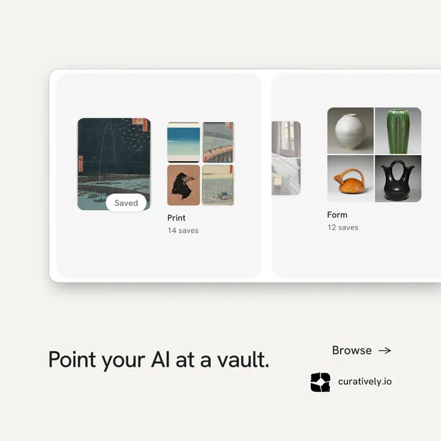 Instagram post for Curatively: "Point your AI at a vault." Editorial style, image led layout, light palette in white, grey.