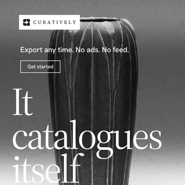 Instagram post for Curatively: "Keep a vault for each thing you make." Editorial style, oversized layout, dark palette in grey, black, white.