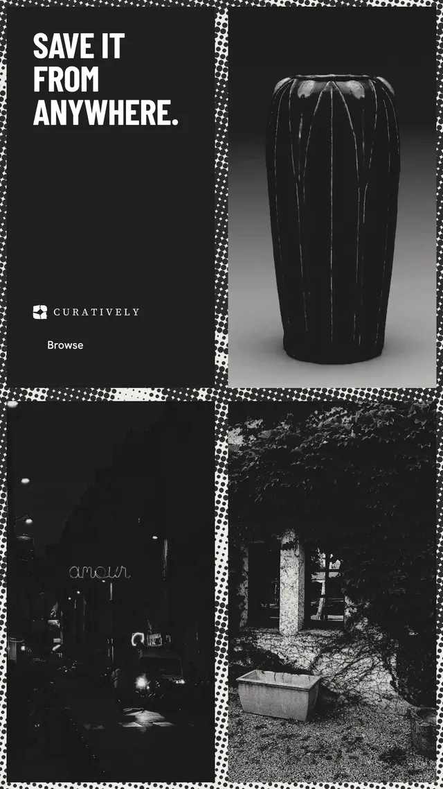 Instagram story for Curatively: "Save it from anywhere." Retro print style, collage layout, dark palette in black, grey.