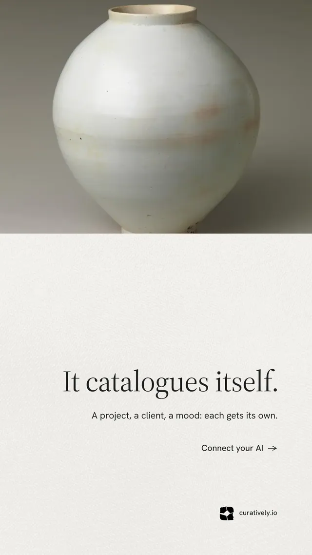 Instagram story for Curatively: "It catalogues itself." Minimal luxury style, right layout, light palette in white, grey.