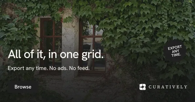 Social ad for Curatively: "All of it, in one grid." Swiss style, sticker layout, dark palette in black, grey.