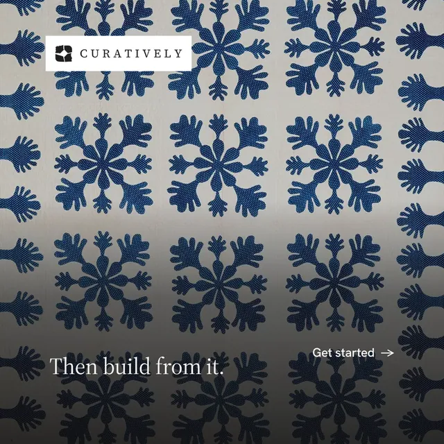 Instagram post for Curatively: "Then build from it." Minimal luxury style, image led layout, dark palette in grey, blue.