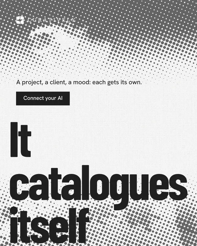 Instagram portrait post for Curatively: "Then build from it." Retro print style, oversized layout, light palette in white, grey.