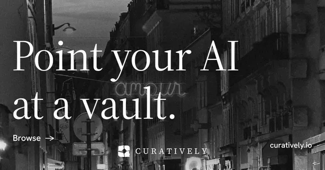 Social ad for Curatively: "Point your AI at a vault." Minimal luxury style, poster layout, dark palette in black, grey.