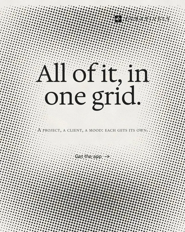 Instagram portrait post for Curatively: "All of it, in one grid." Retro print style, smallcaps layout, light palette in grey, white.
