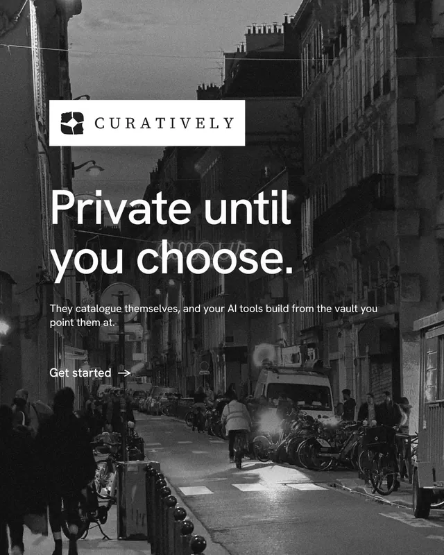 Instagram portrait post for Curatively: "Private until you choose." Minimal luxury style, announce layout, dark palette in grey, black.