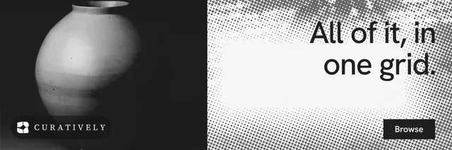 X header for Curatively: "All of it, in one grid." Retro print style, right layout, light palette in black, white, grey.