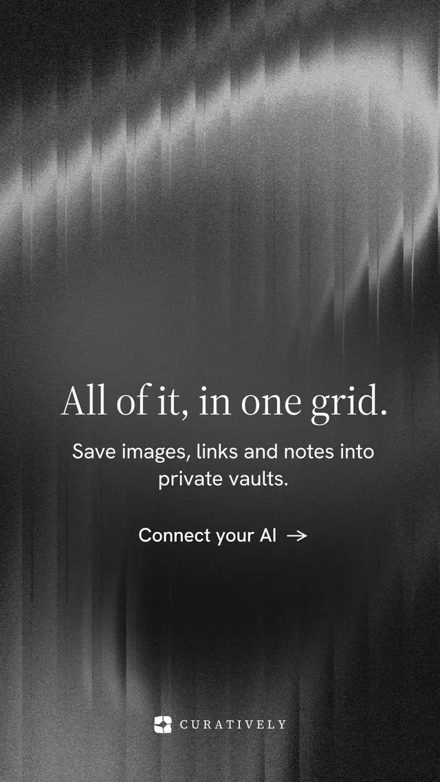 Instagram story for Curatively: "All of it, in one grid." Minimal luxury style, skeleton layout, dark palette in grey, black.