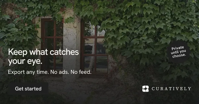 Social ad for Curatively: "Keep what catches your eye." Swiss style, sticker layout, dark palette in black, grey.