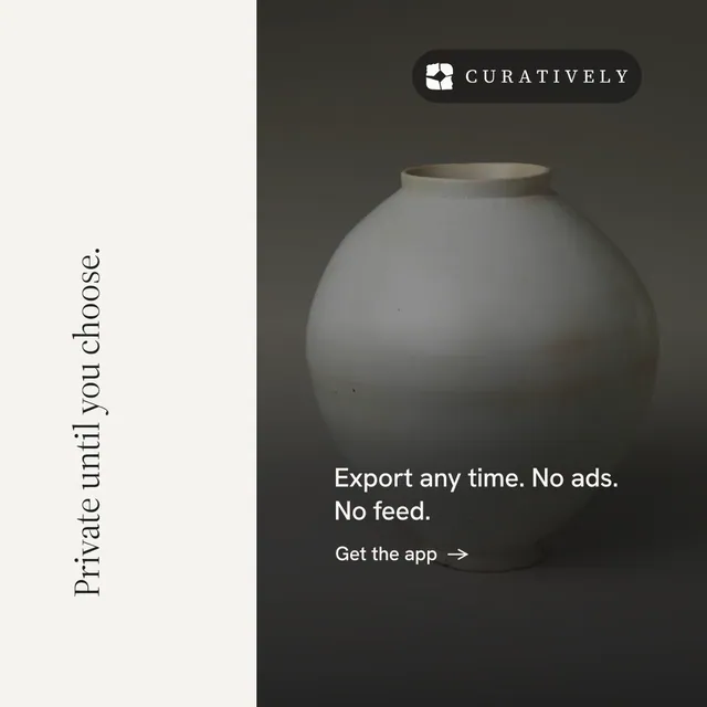 Instagram post for Curatively: "Private until you choose." Minimal luxury style, vertical layout, light palette in white, black, grey.