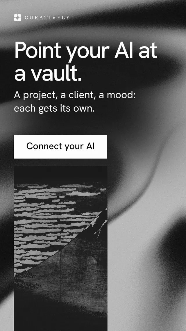 Instagram story for Curatively: "Point your AI at a vault." Swiss style, skeleton layout, dark palette in black, grey.
