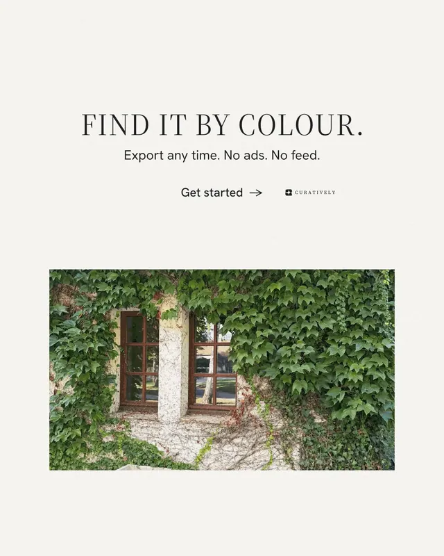 Instagram portrait post for Curatively: "Find it by colour." Minimal luxury style, centred layout, light palette in white, green, grey.