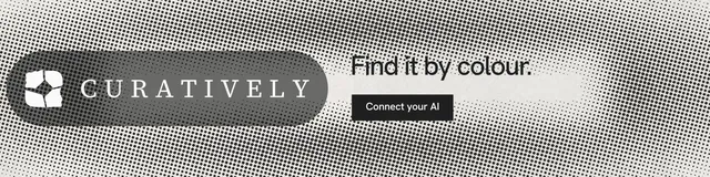 LinkedIn banner for Curatively: "Find it by colour." Swiss style, logo hero layout, light palette in grey.